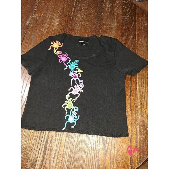 Vintage Med Michael Simon Black Short Sleeve Embellish Monkey Knit Sweater Shirt - Picture 1 of 5